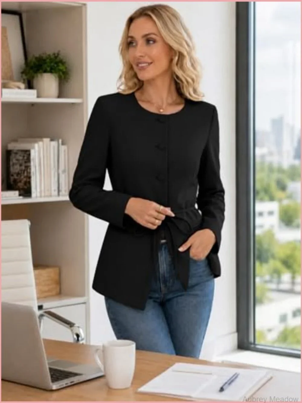 Women Long Blazer - Business Casual Button Down Split Hem Work Jacket with